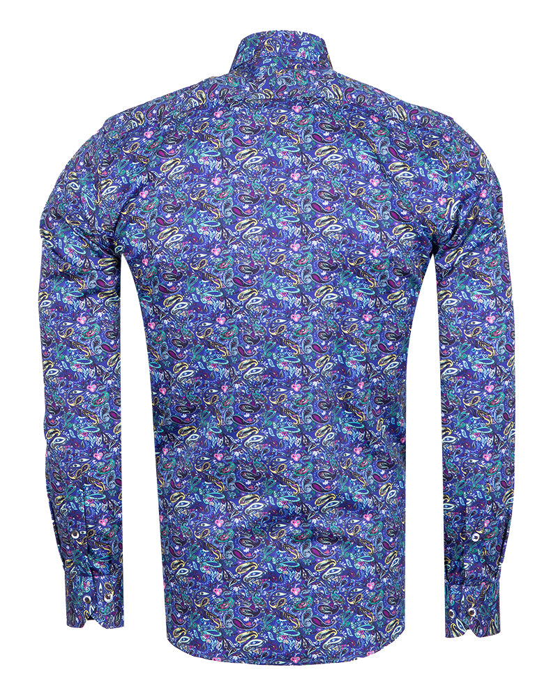Dark Blue Paisley Print Men's Shirt with Matching Handkerchief-Makrom