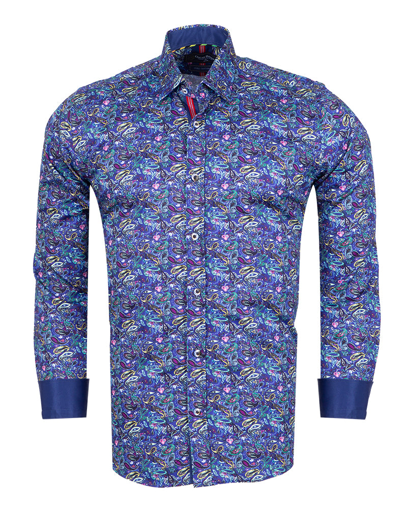 Dark Blue Paisley Print Men's Shirt with Matching Handkerchief-Makrom