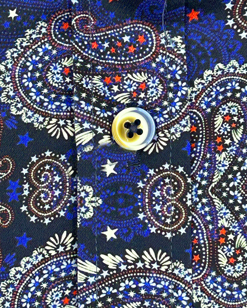 Dark Blue Paisley Print Satin Cotton Short Sleeve Shirt-Makrom