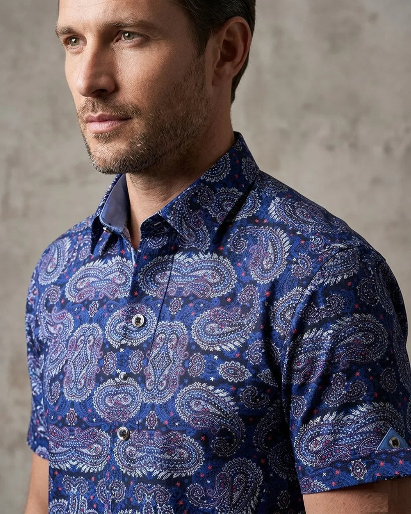 Dark Blue Paisley Print Satin Cotton Short Sleeve Shirt