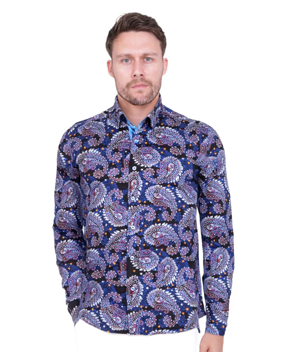Dark Blue Paisley Print Shirt with Matching Handkerchief-Makrom