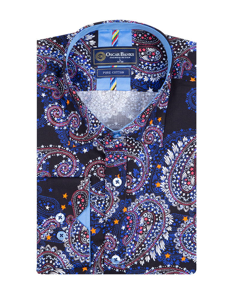 Dark Blue Paisley Print Shirt with Matching Handkerchief-Makrom
