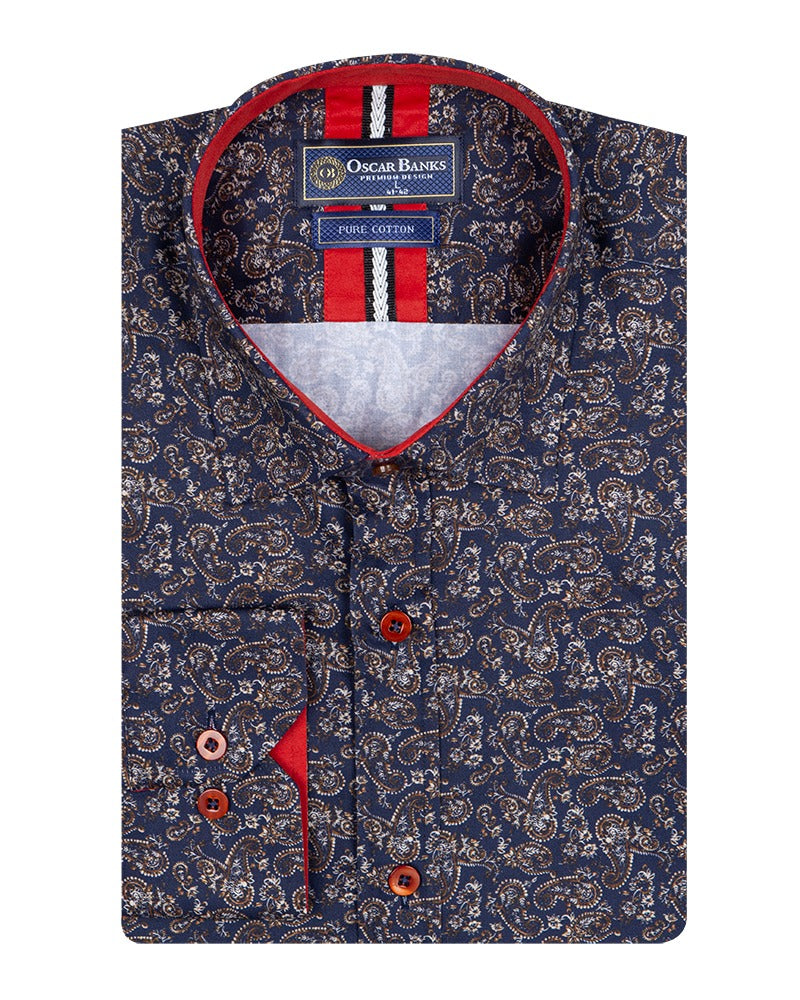 Dark Blue Paisley Print Shirt with Matching Handkerchief-Makrom