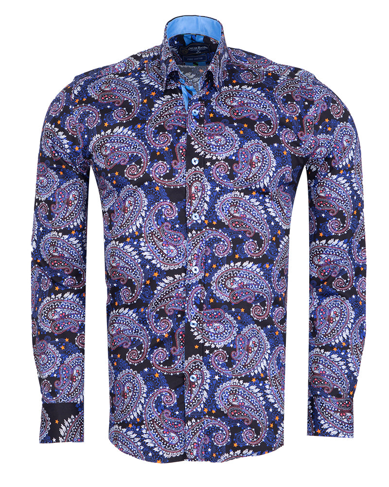 Dark Blue Paisley Print Shirt with Matching Handkerchief-Makrom