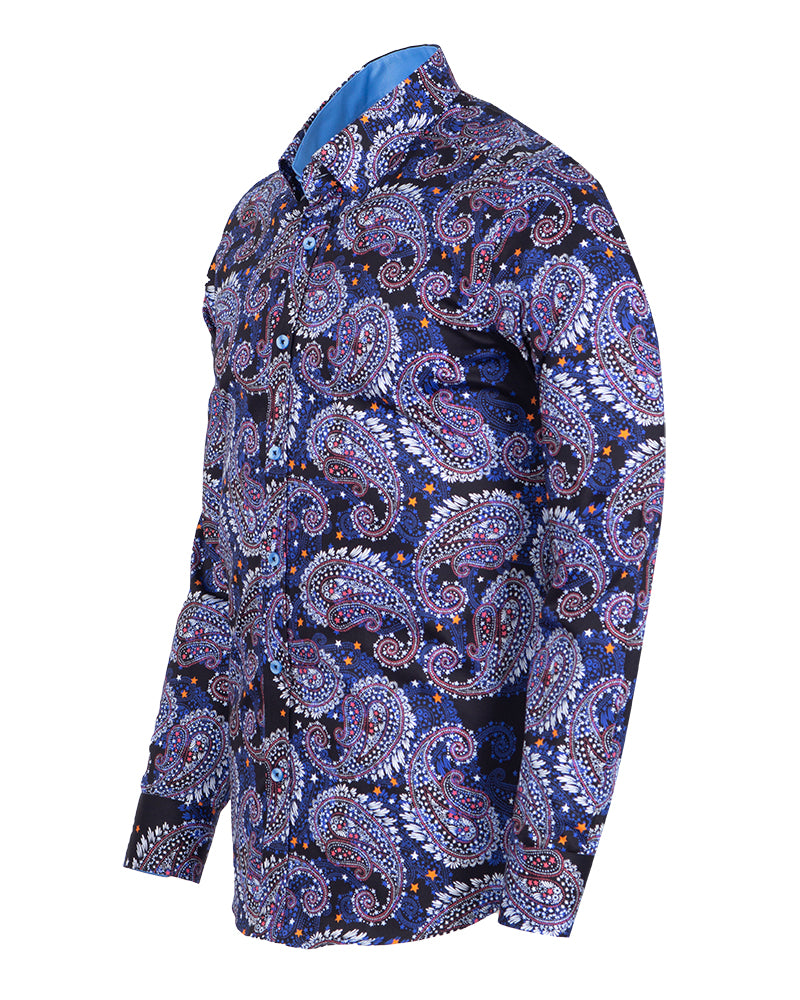 Dark Blue Paisley Print Shirt with Matching Handkerchief-Makrom