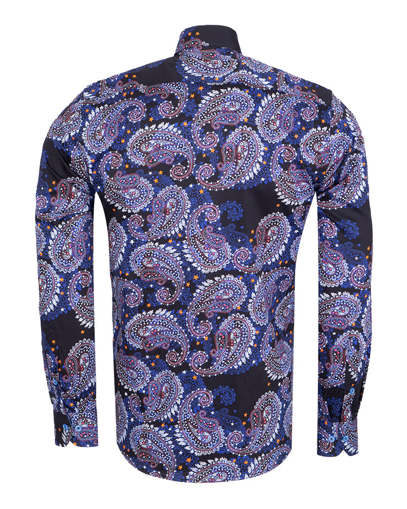 Dark Blue Paisley Print Shirt with Matching Handkerchief-Makrom