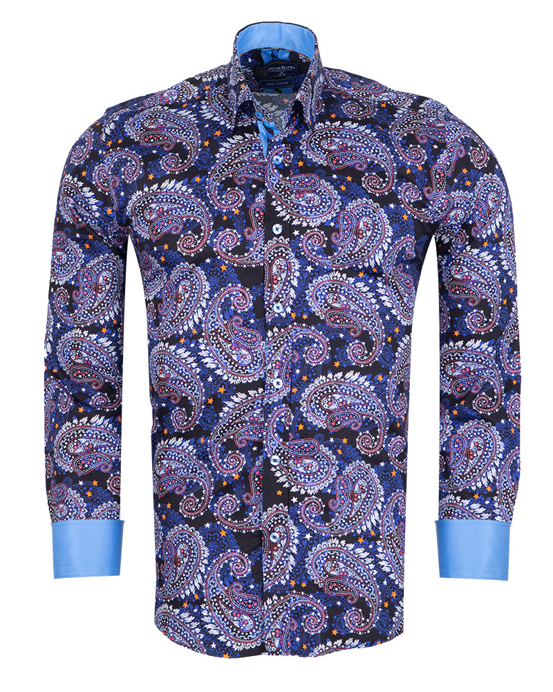 Dark Blue Paisley Print Shirt with Matching Handkerchief-Makrom