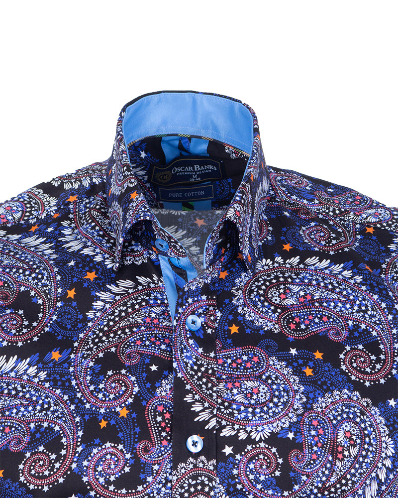 Dark Blue Paisley Print Shirt with Matching Handkerchief-Makrom