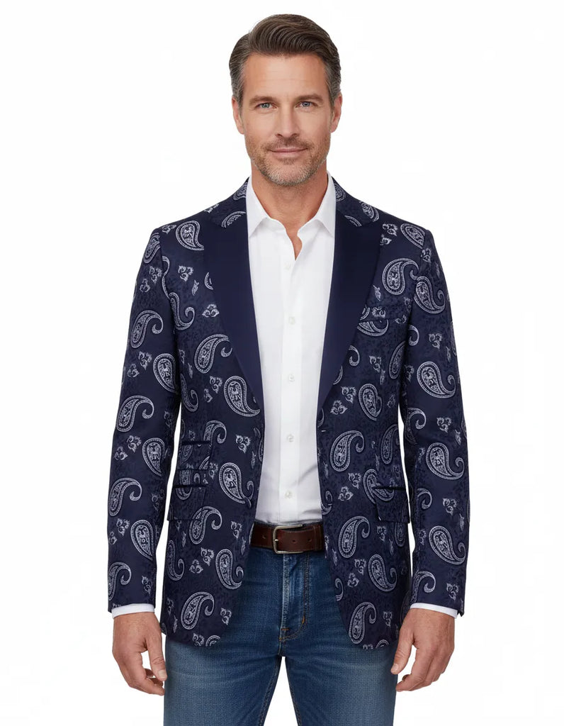 Dark Blue Paisley Printed Men's Blazer-Makrom