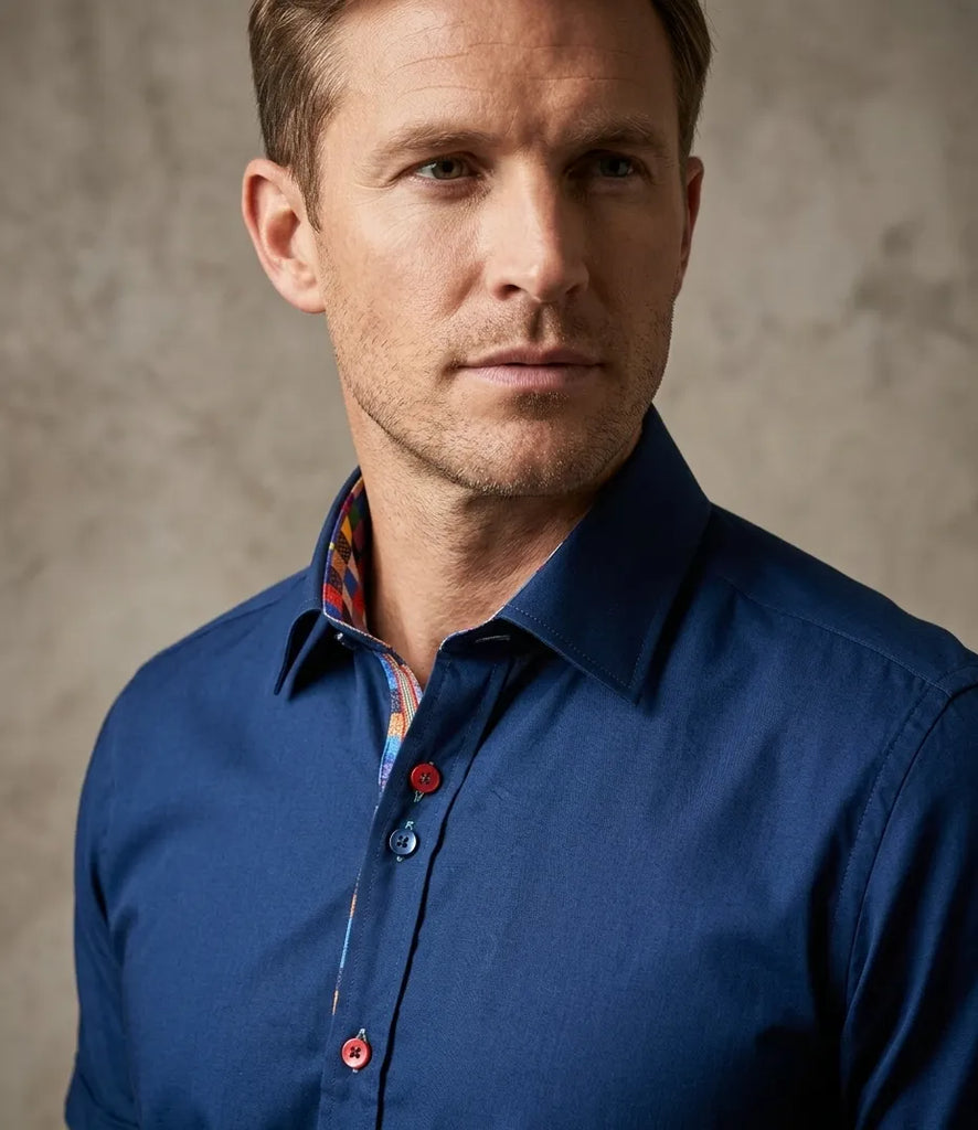 Dark Blue Plain Colourful Buttons Short Sleeve Shirt