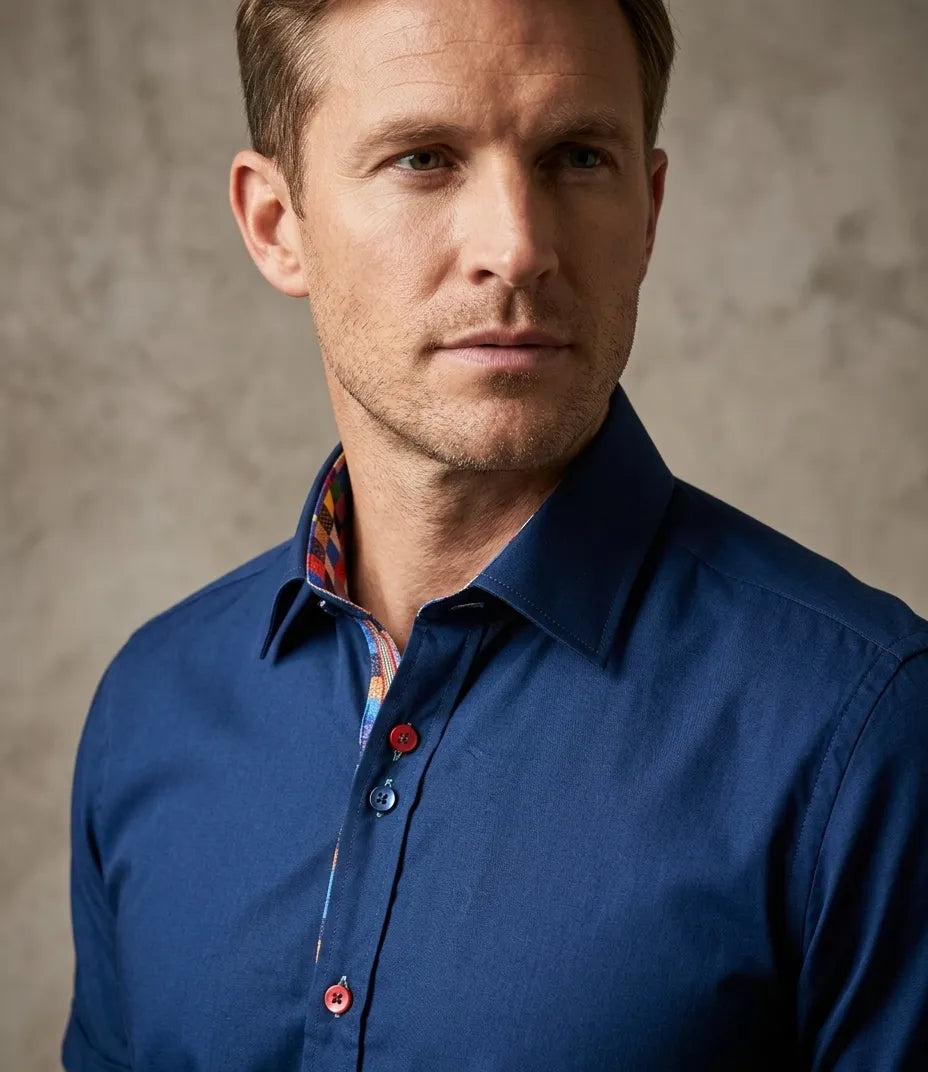 Dark Blue Plain Colourful Buttons Short Sleeve Shirt