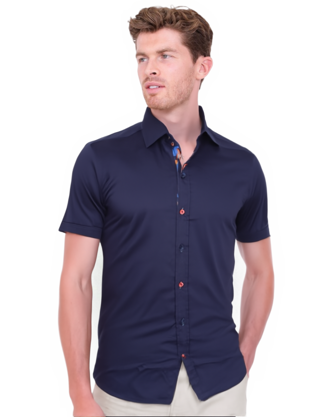 Dark Blue Plain Colourful Buttons Short Sleeve Shirt-Makrom
