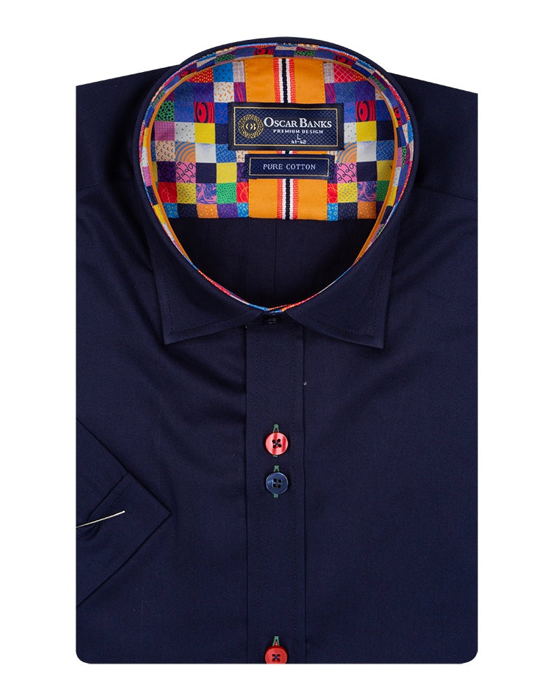Dark Blue Plain Colourful Buttons Short Sleeve Shirt-Makrom