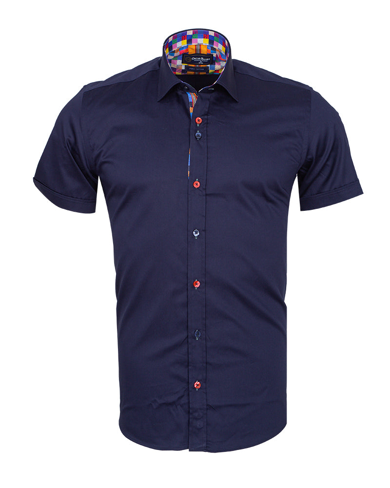 Dark Blue Plain Colourful Buttons Short Sleeve Shirt-Makrom