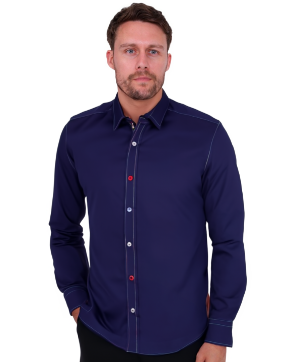 Dark Blue Plain Colourful Stitching & Button Pure Cotton Shirt-Makrom