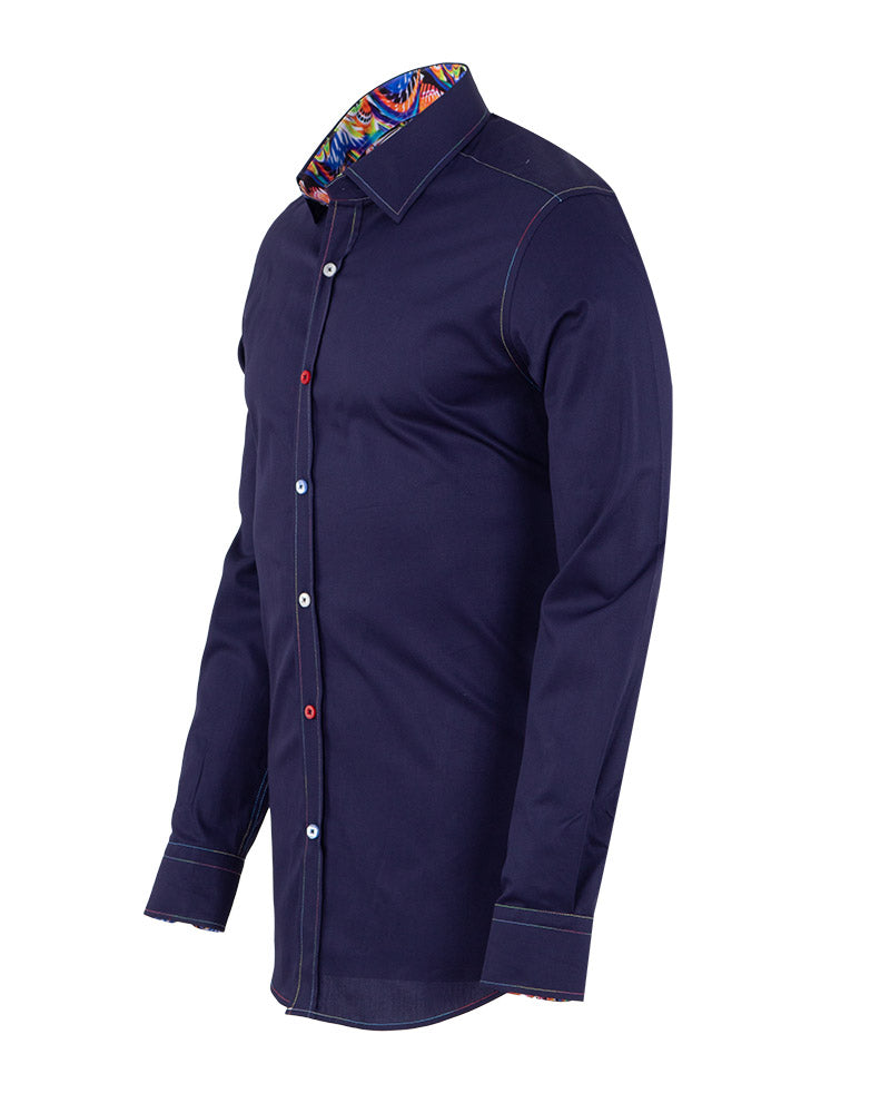 Dark Blue Plain Colourful Stitching & Button Pure Cotton Shirt-Makrom