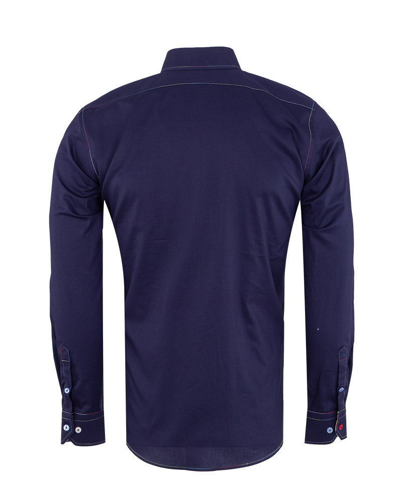 Dark Blue Plain Colourful Stitching & Button Pure Cotton Shirt-Makrom