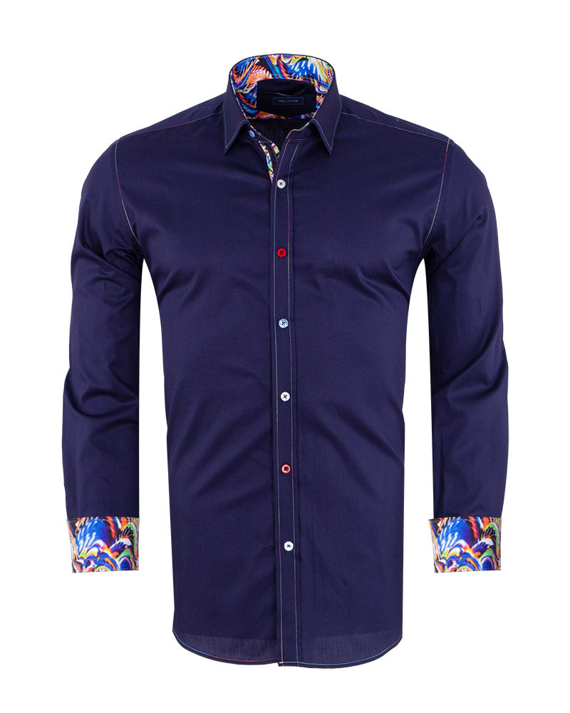 Dark Blue Plain Colourful Stitching & Button Pure Cotton Shirt-Makrom
