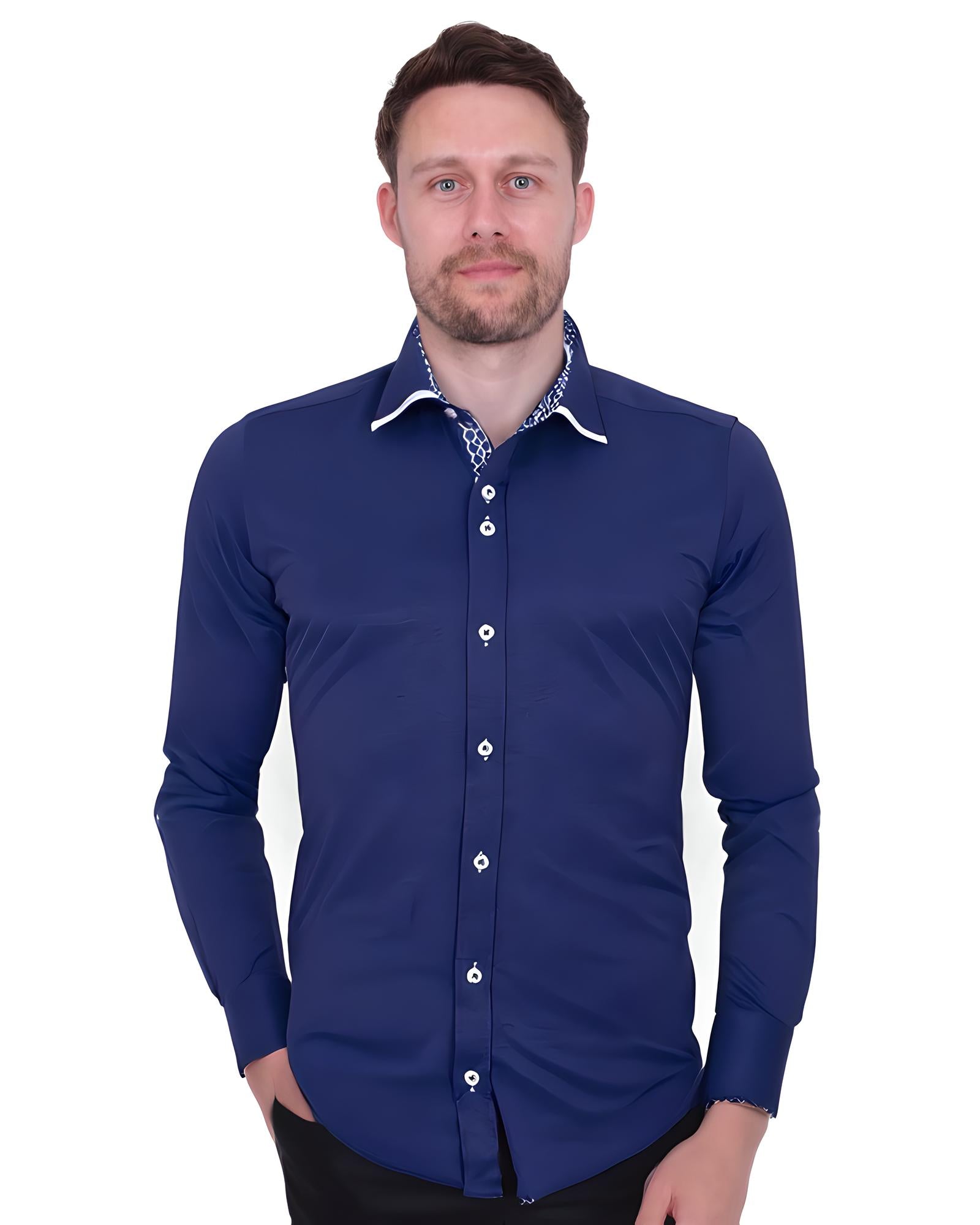 Dark Blue Plain Panel Shirt with Floral Insert & collar tip design-Makrom