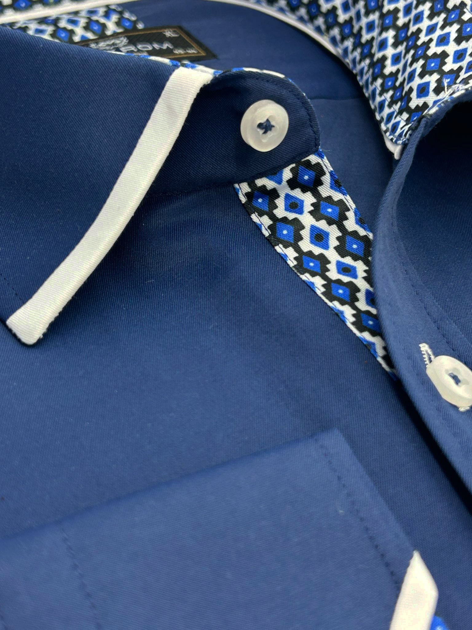 Dark Blue Plain Panel Shirt with Floral Insert & collar tip design-Makrom