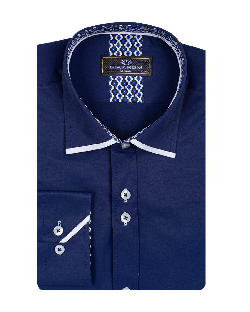 Dark Blue Plain Panel Shirt with Floral Insert & collar tip design-Makrom