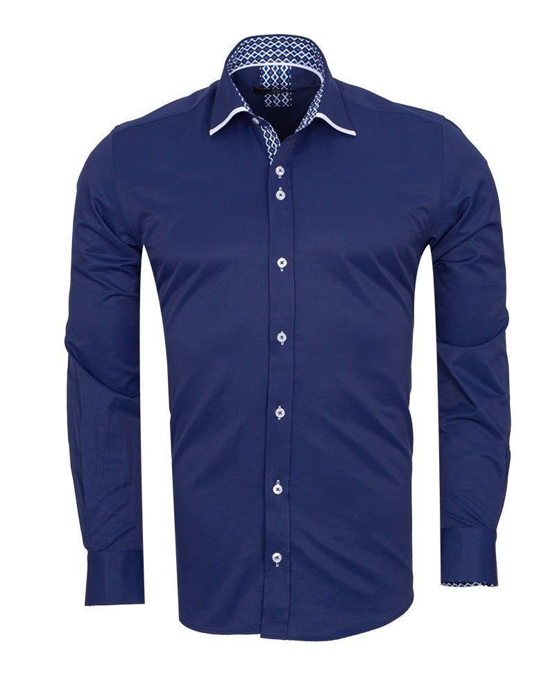 Dark Blue Plain Panel Shirt with Floral Insert & collar tip design-Makrom