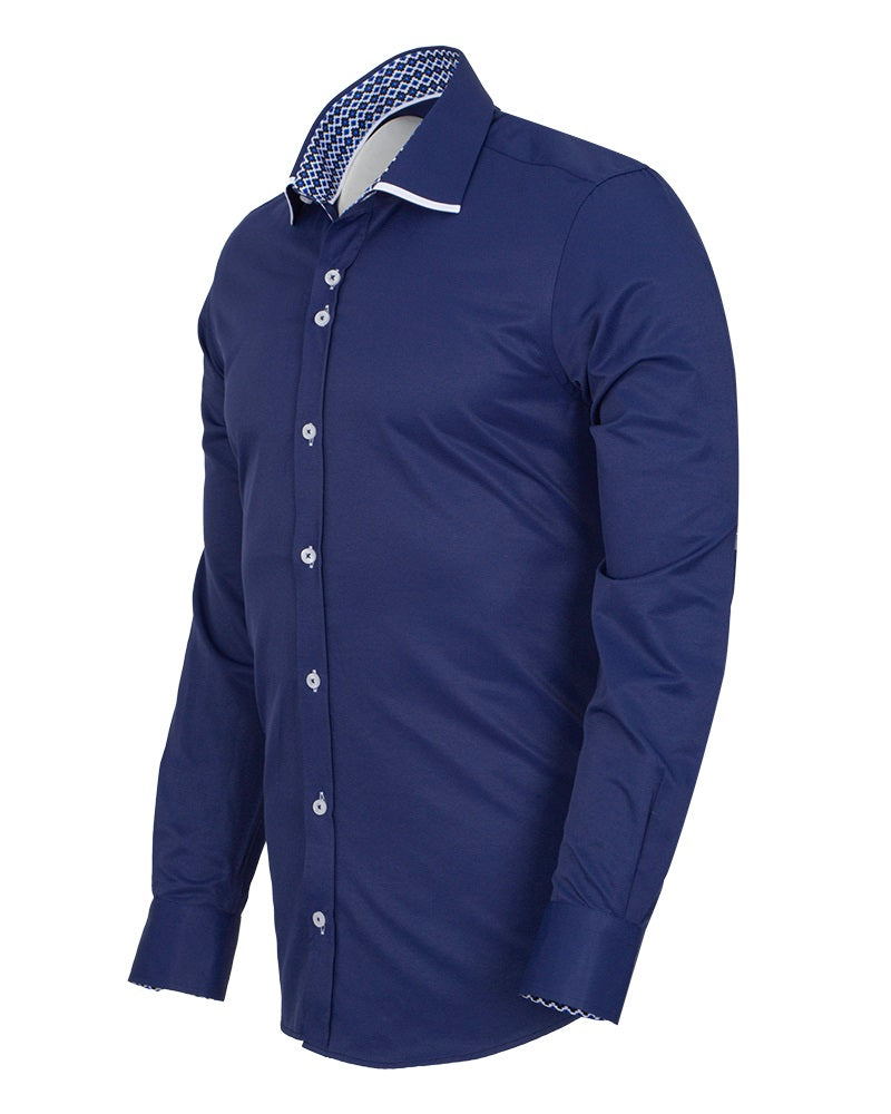Dark Blue Plain Panel Shirt with Floral Insert & collar tip design-Makrom