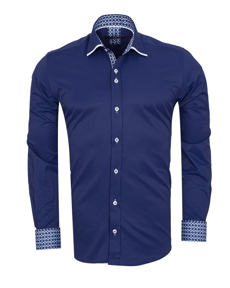 Dark Blue Plain Panel Shirt with Floral Insert & collar tip design-Makrom