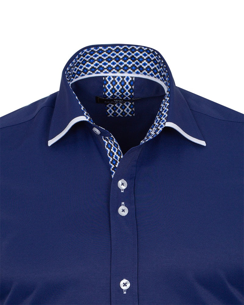 Dark Blue Plain Panel Shirt with Floral Insert & collar tip design-Makrom