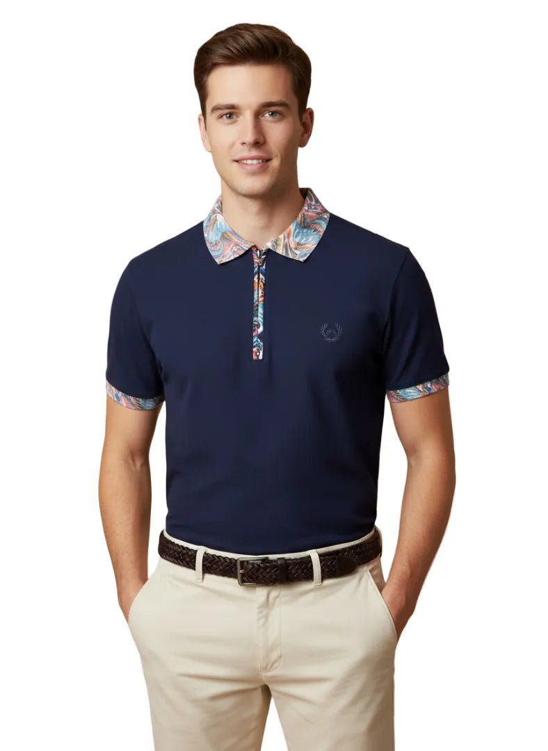 Dark Blue Polo T-Shirt With Paisley Collar-Makrom
