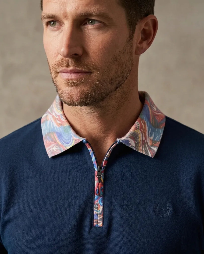 Dark Blue Polo T-Shirt With Paisley Collar
