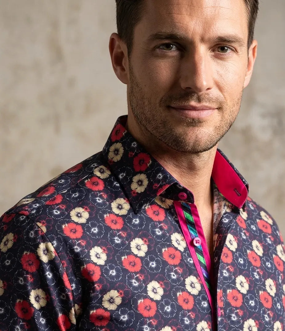 Dark Blue Poppy Print Shirt with Matching Handkerchief