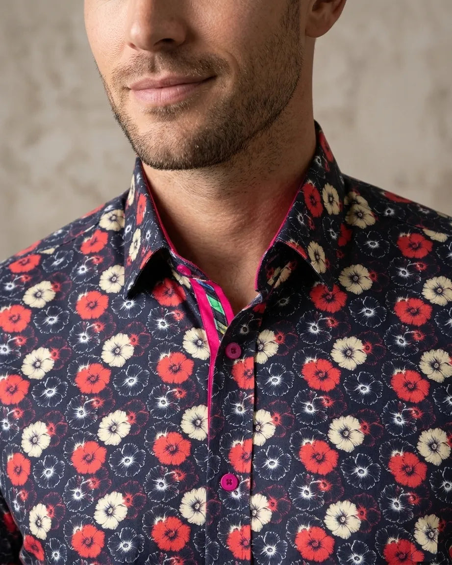 Dark Blue Poppy Print Shirt with Matching Handkerchief-Makrom