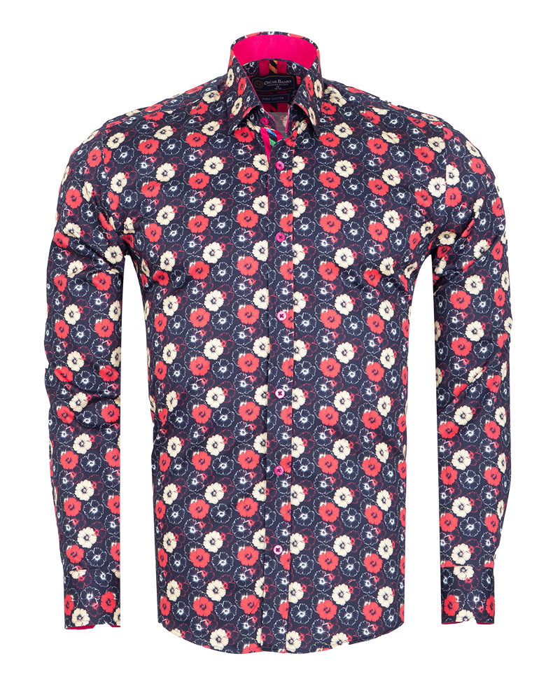 Dark Blue Poppy Print Shirt with Matching Handkerchief-Makrom