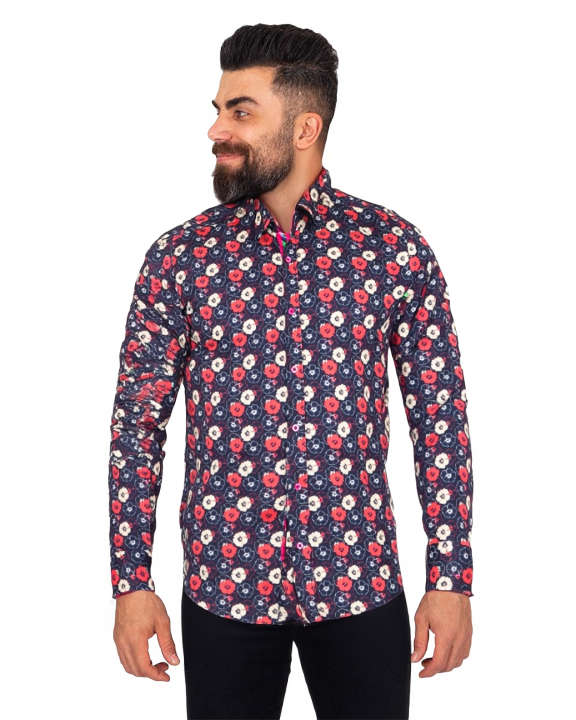 Dark Blue Poppy Print Shirt with Matching Handkerchief-Makrom
