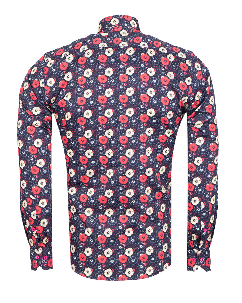 Dark Blue Poppy Print Shirt with Matching Handkerchief-Makrom