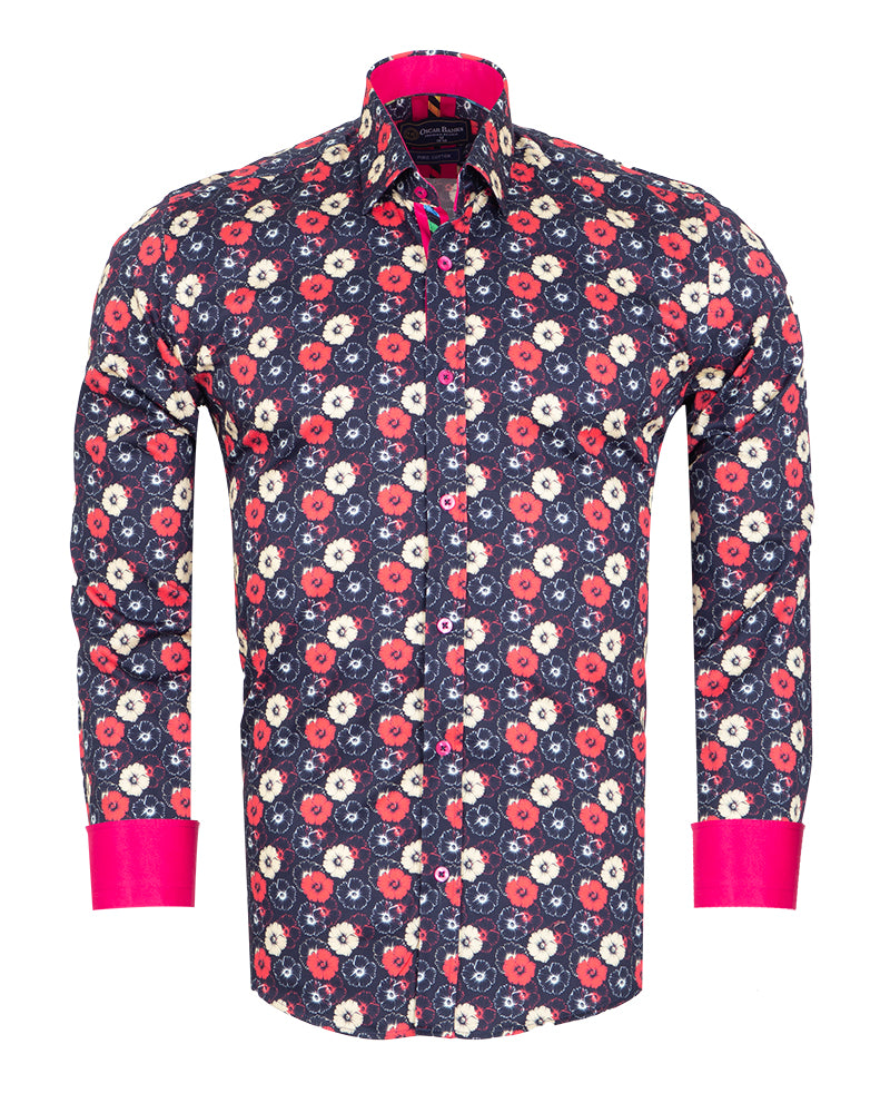 Dark Blue Poppy Print Shirt with Matching Handkerchief-Makrom