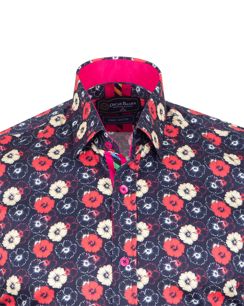 Dark Blue Poppy Print Shirt with Matching Handkerchief-Makrom