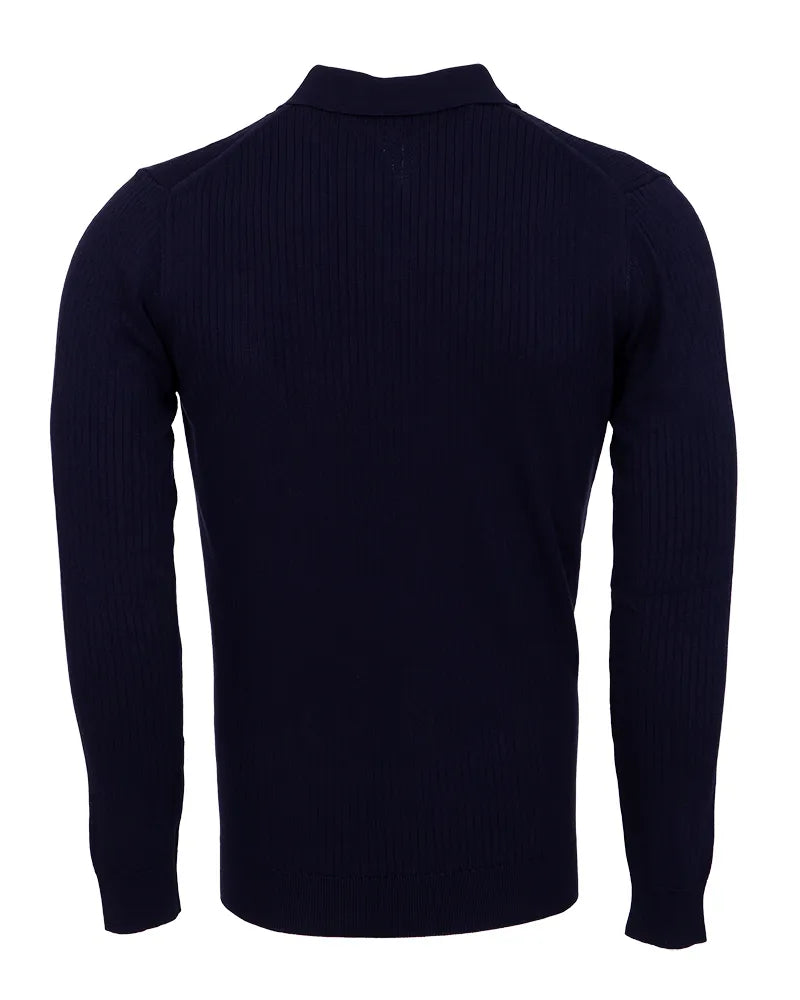 Dark Blue Pure Cotton Ribbed Quarter-Zip Polo-Makrom