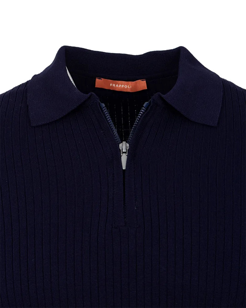 Dark Blue Pure Cotton Ribbed Quarter-Zip Polo-Makrom