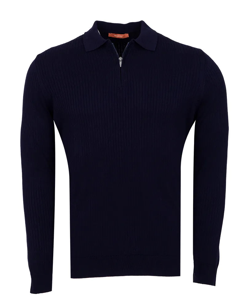 Dark Blue Pure Cotton Ribbed Quarter-Zip Polo-Makrom