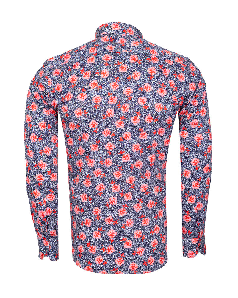 Dark Blue Rose Print Satin Cotton Shirt with Matching Handkerchief-Makrom