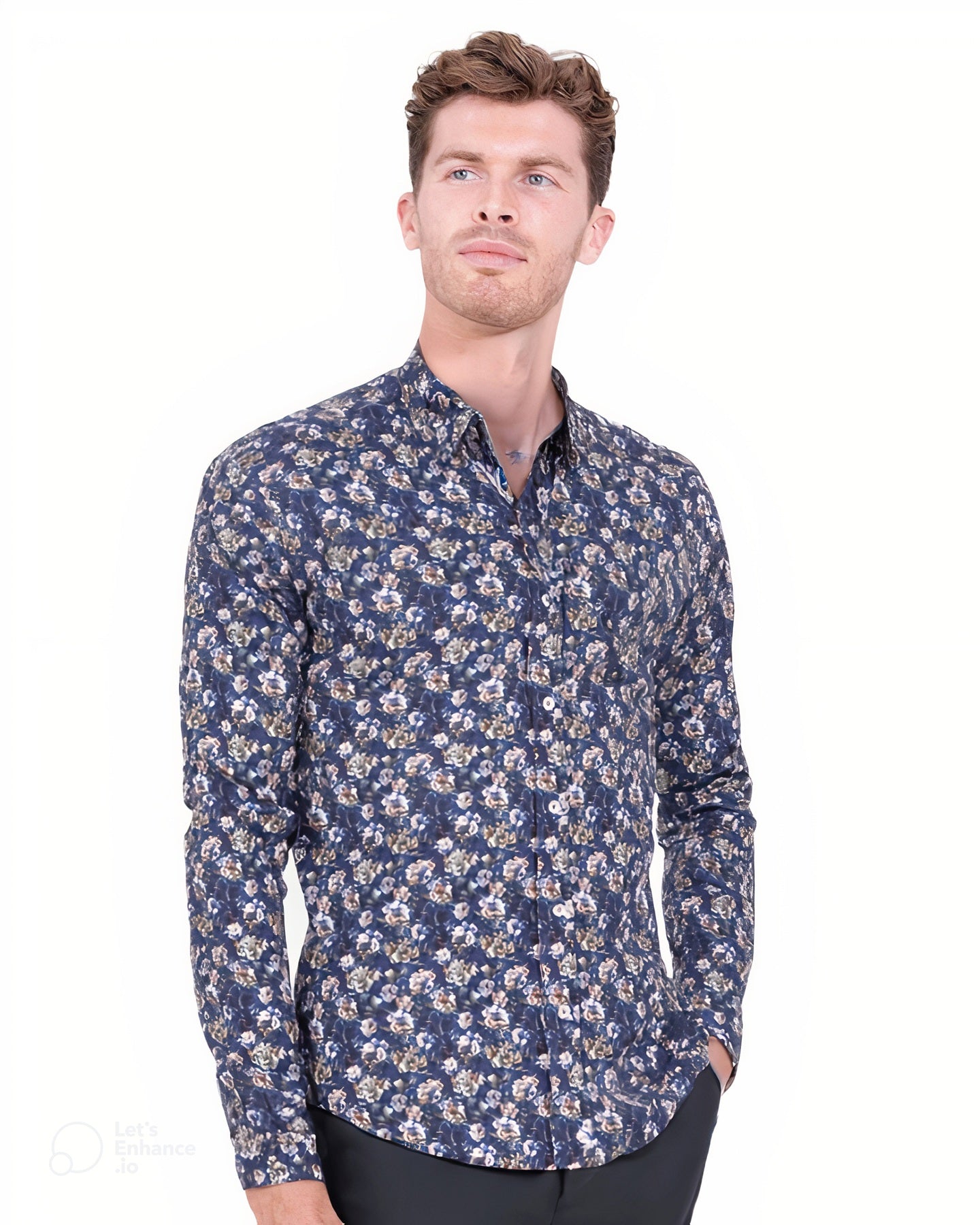 Dark Blue Rose Print Shirt with Matching Handkerchief-Makrom