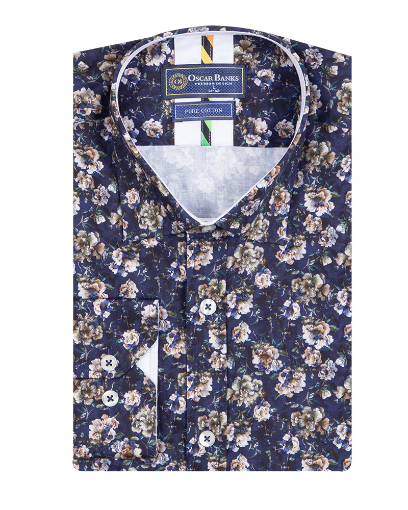 Dark Blue Rose Print Shirt with Matching Handkerchief-Makrom