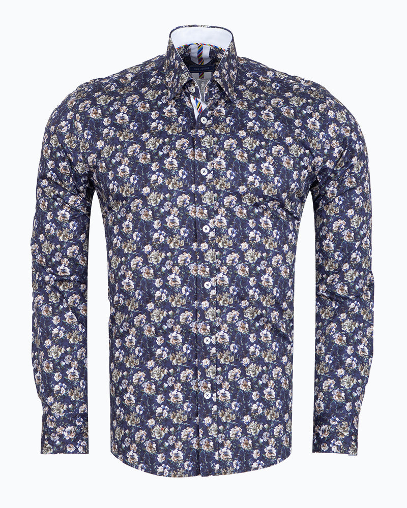 Dark Blue Rose Print Shirt with Matching Handkerchief-Makrom