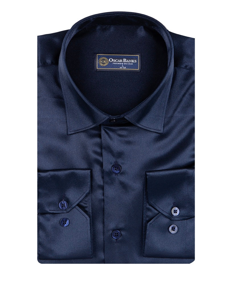 Dark Blue Shiny Plain Satin Classic Men's Shirt Makrom Dark Blue Shiny Plain Satin Classic Men's Shirt Makrom