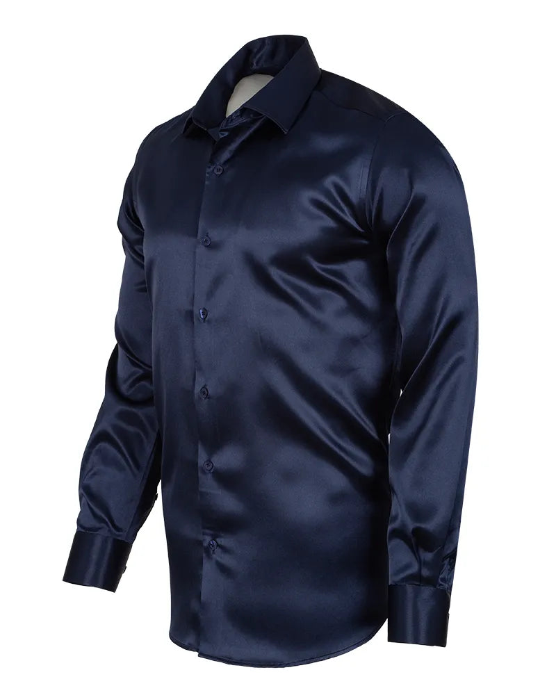 Dark Blue Shiny Plain Satin Classic Men's Shirt  Makrom