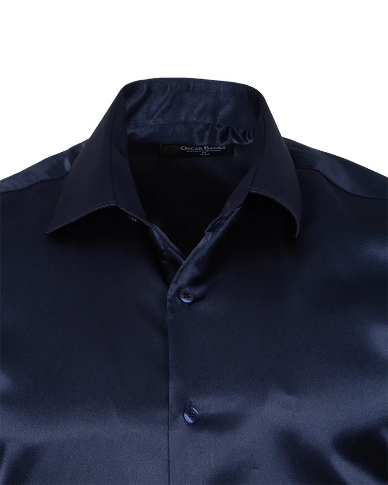 Dark Blue Shiny Plain Satin Classic Men’s Shirt-Makrom