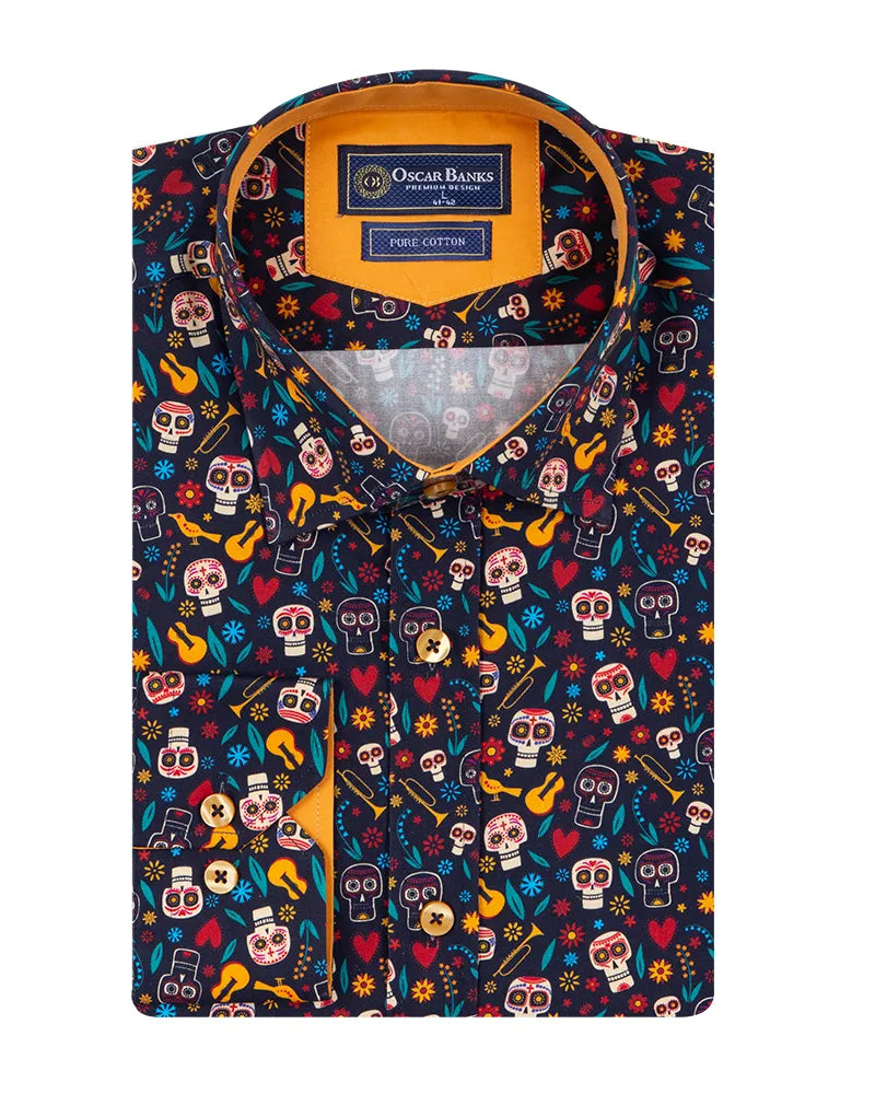 Dark Blue Skull and Musical Print Shirt with Matching Handkerchief-Makrom