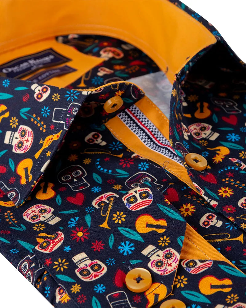 Dark Blue Skull and Musical Print Shirt with Matching Handkerchief-Makrom